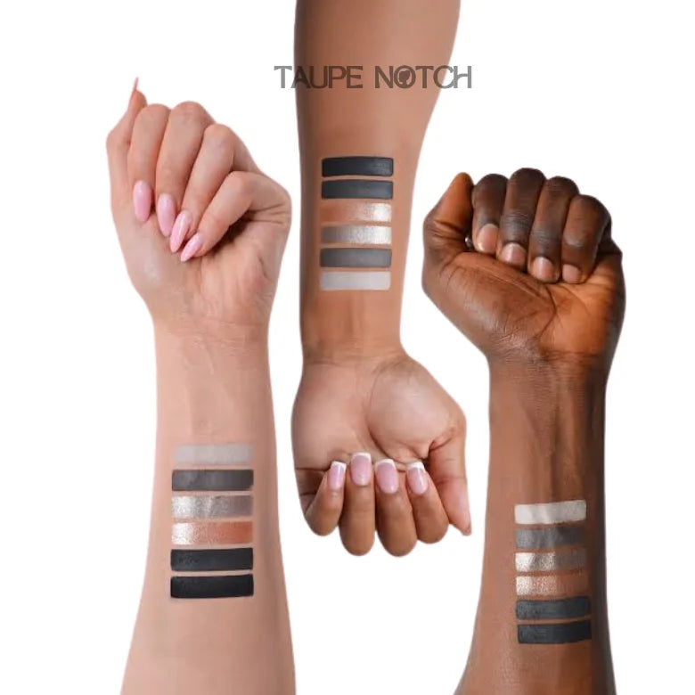 Eyeshadow swatches on arms: taupe mattes and metallic shimmer stripes
