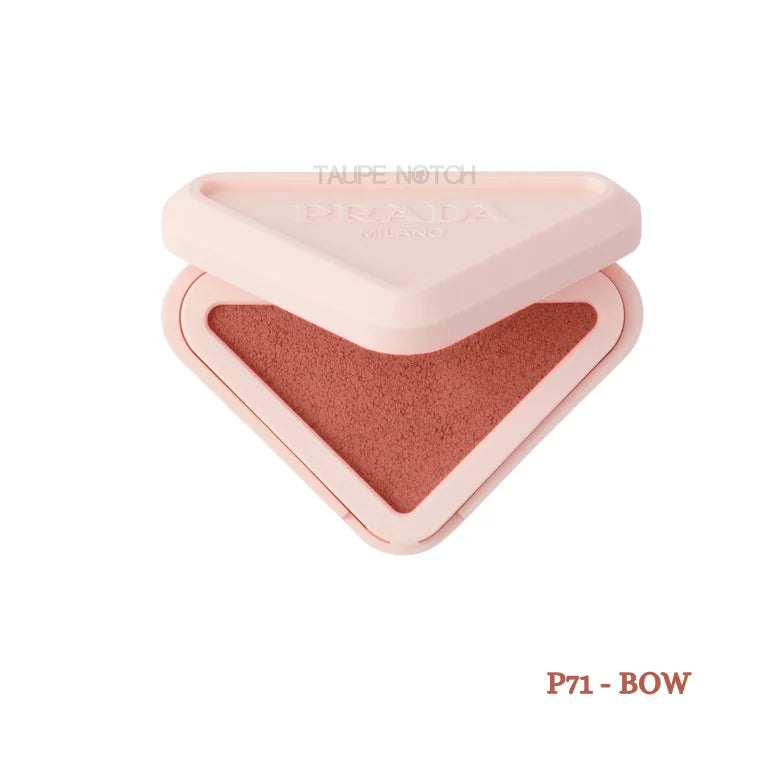 Prada Milano Blush Refillable Powder Blush in P71 Bow open triangle compact showing muted terracotta rose shade