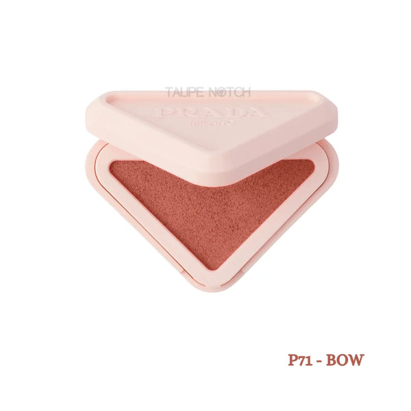 Prada Milano Blush Refillable Powder Blush in P71 Bow open triangle compact showing muted terracotta rose shade