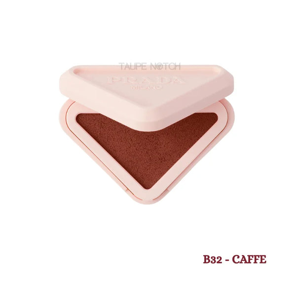 Prada Milano Blush Refillable Powder Blush in B32 Caffe open triangle compact showing deep chocolate brown shade​​​​​​​​​​​​​​​​