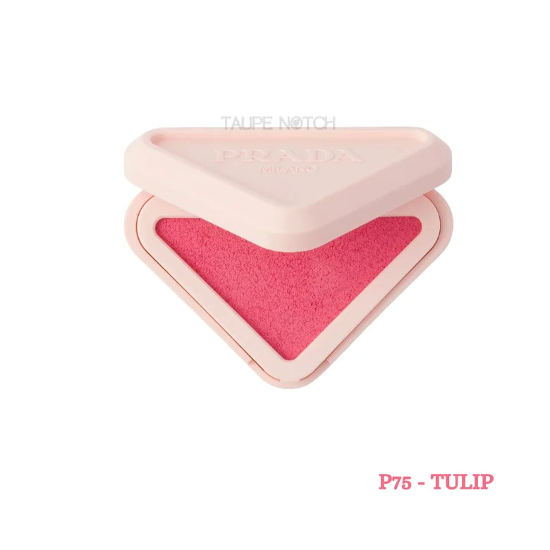 Prada Milano Blush Refillable Powder Blush in P75 Tulip open triangle compact showing bright cool pink shade