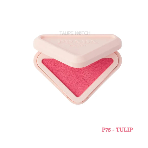 Prada Milano Blush Refillable Powder Blush in P75 Tulip open triangle compact showing bright cool pink shade