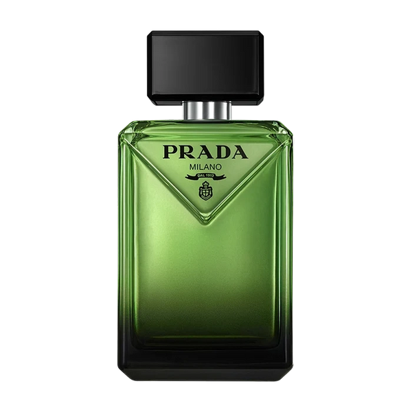 Prada Paradigme eau de parfum bottle in green glass with triangular logo, black cap