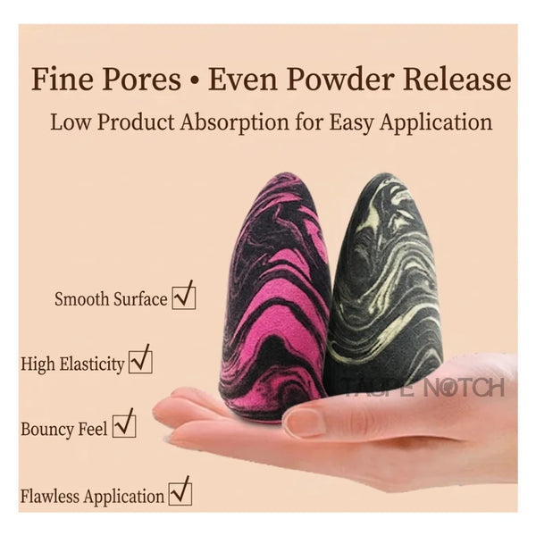 Tongue-shaped marble beauty blender sponge, pink-and-gray and black swirls