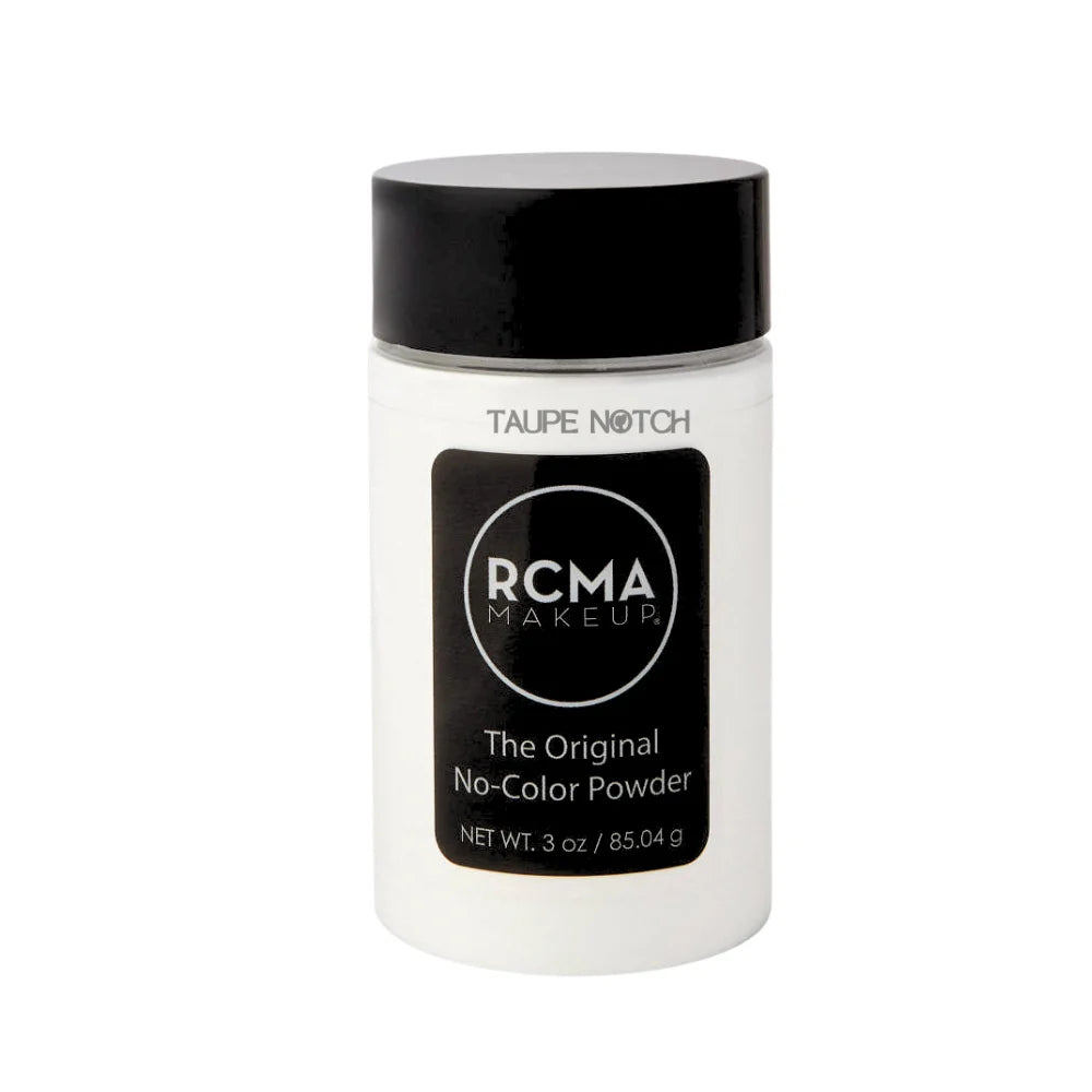 RCMA No-Colour Powder jar with black lid and Taupe No'Tch label on white container
