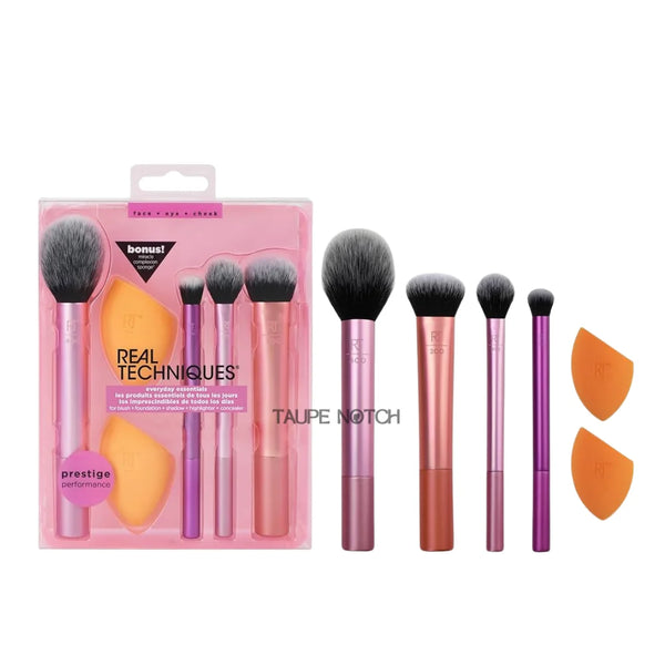 Makeup brush set with six brushes, pink and purple handles, plus two orange makeup sponges