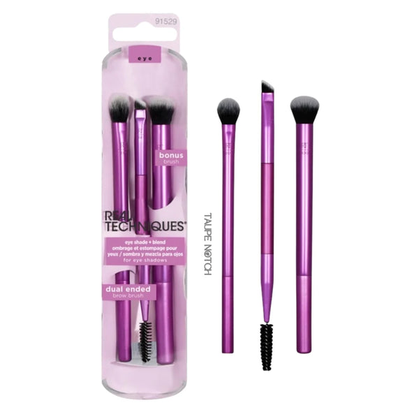 Eye makeup brush trio set with purple handles and black bristles, shown in package