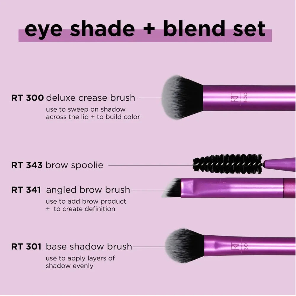 Eye makeup brush set of three purple brushes with black bristles for eyeshadow and brows