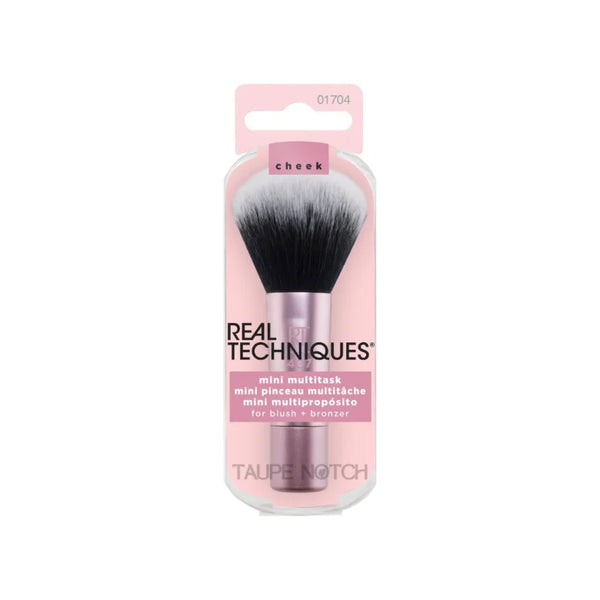 Real Techniques mini multitask makeup brush in blister packaging with cheek label
