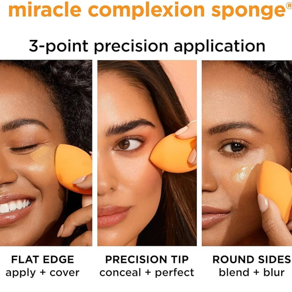 Orange Miracle Complexion beauty sponge applying makeup; precision tip and flat edges
