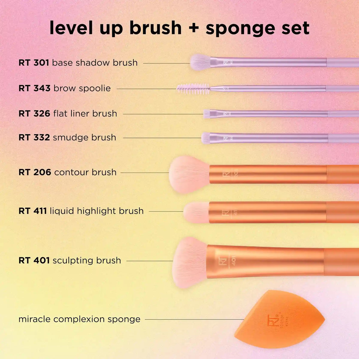Real Techniques level up brush and sponge set with orange sponge and face brushes