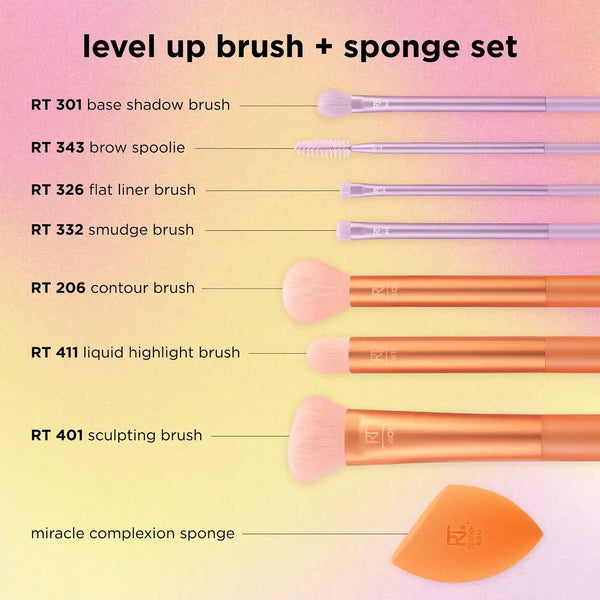 Real Techniques level up brush and sponge set with orange sponge and face brushes