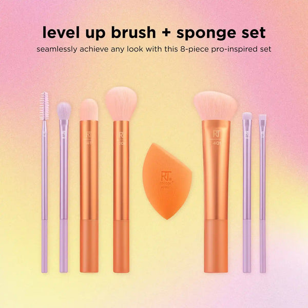 Makeup brush and sponge set, orange sponge with multiple light-purple and orange brushes