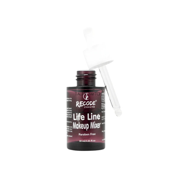 Makeup mixer bottle with clear dispensing nozzle, dark label, 30 ml.