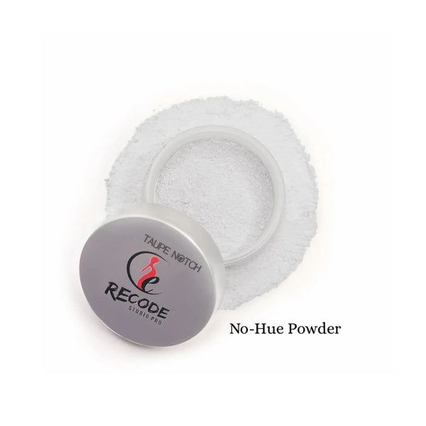 Matte setting powder compact with white no-hue powder visible in open jar