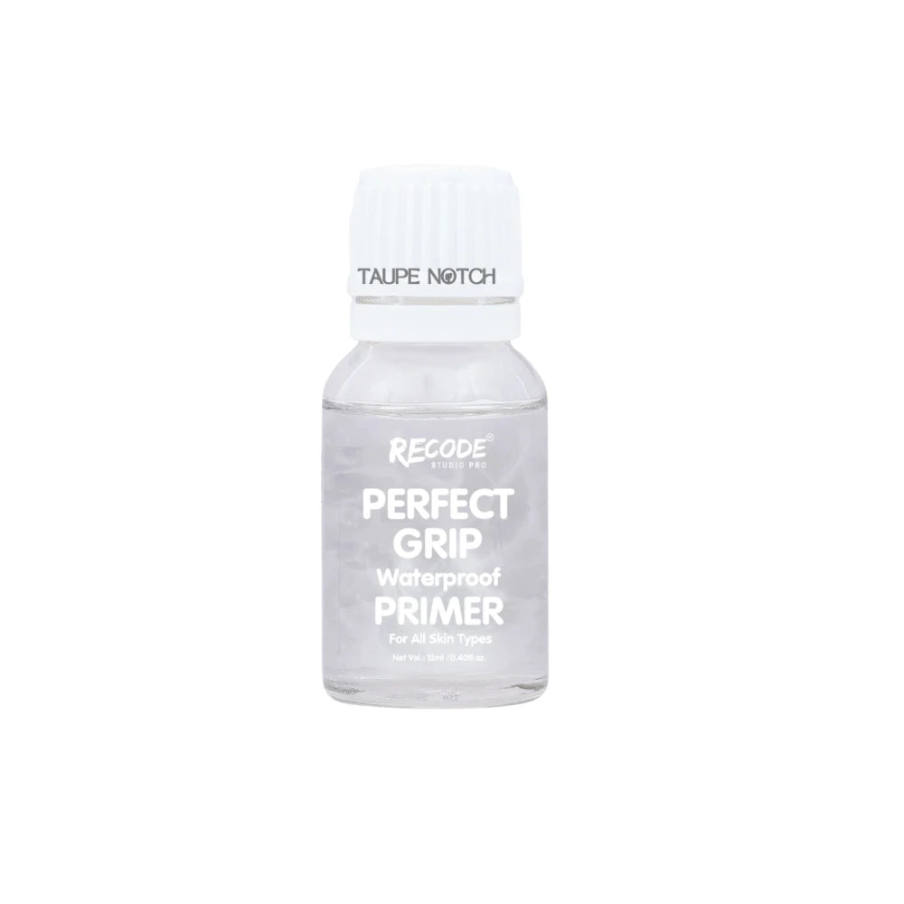 Recode Perfect Grip Waterproof Primer travel bottle, labeled Taupe Notch, 12 ml