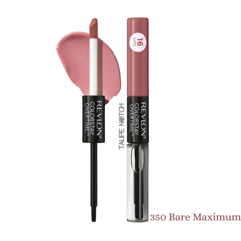 Revlon ColorStay Overtime lipcolor in 350 Bare Maximum, tube and applicator with rose swatch