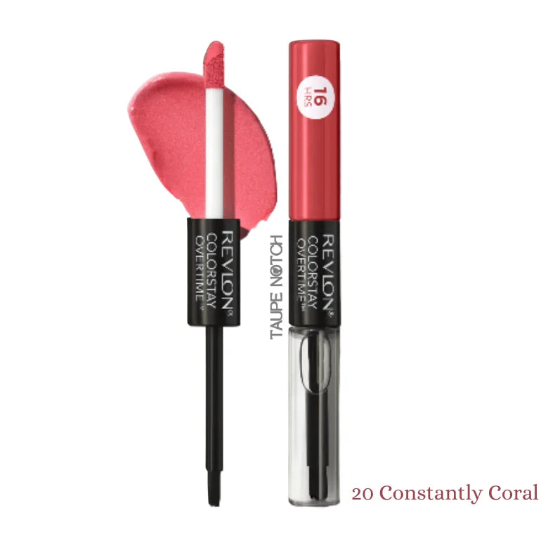 Revlon ColorStay Overtime lipcolor in 20 Constantly Coral, tube and applicator with coral swatch