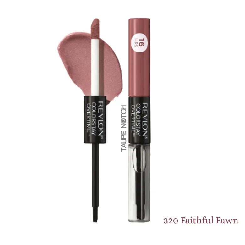 Revlon ColorStay Overtime lipcolor in 320 Faithful Fawn, tube and applicator with nude swatch