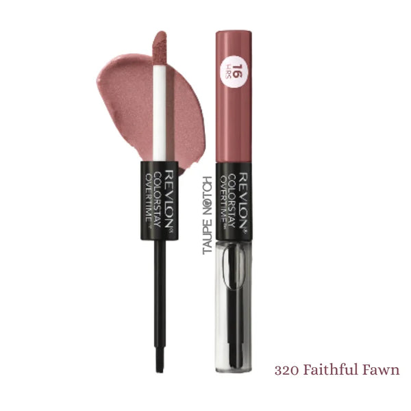 Revlon ColorStay Overtime lipcolor in 320 Faithful Fawn, tube and applicator with nude swatch