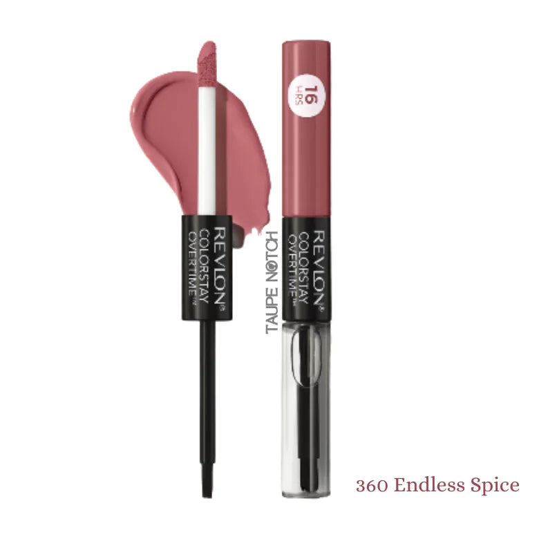 Revlon ColorStay Overtime lipcolor in 360 Endless Spice, tube and applicator with rose-brown swatch