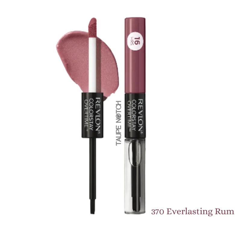 Revlon ColorStay Overtime lipcolor in 370 Everlasting Rum, tube and applicator with mauve swatch