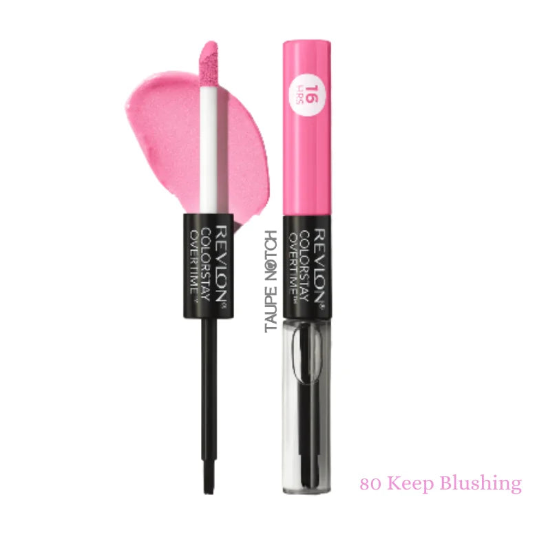 Revlon ColorStay Overtime lipcolor in 80 Keep Blushing, tube and applicator with pink swatch