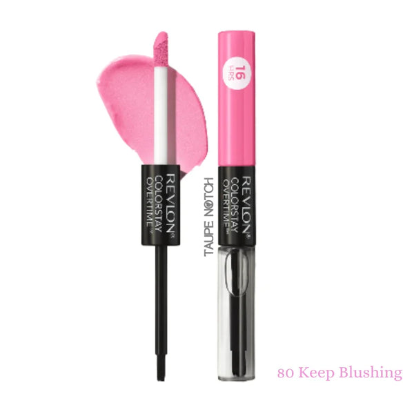 Revlon ColorStay Overtime lipcolor in 80 Keep Blushing, tube and applicator with pink swatch