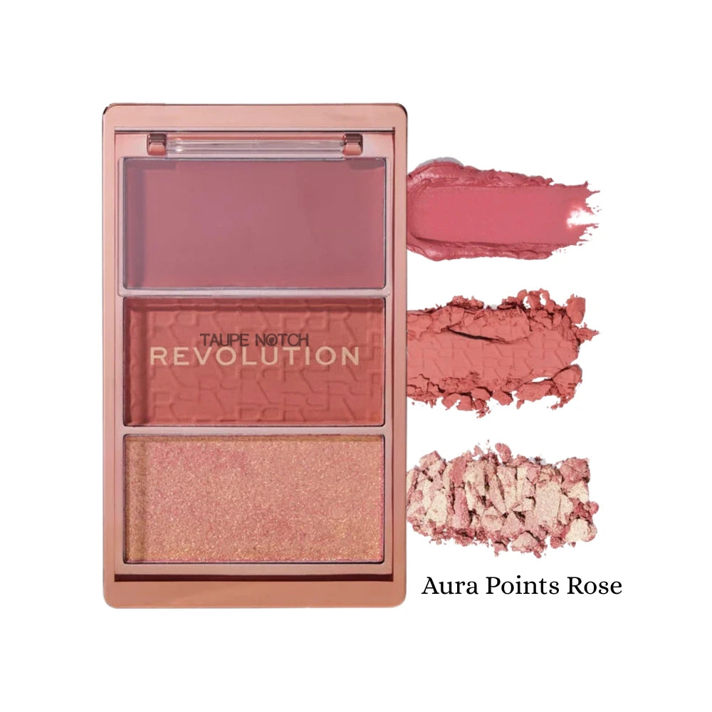 Blush palette with rose, mauve, taupe, and shimmer swatches—Aura Points Rose