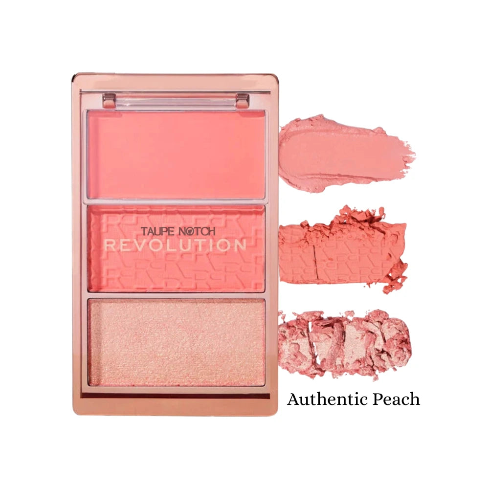 Blush palette with peach and coral tones, plus shimmer swatches—Authentic Peach