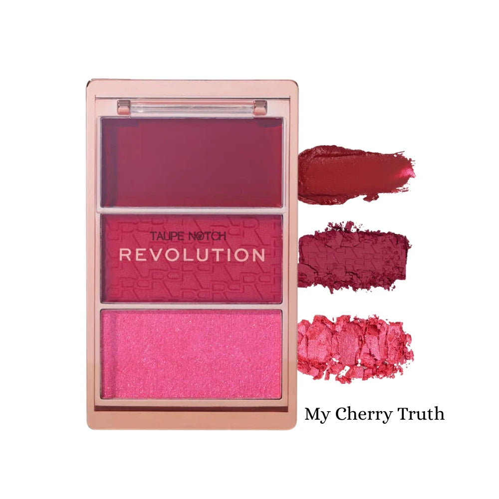Blush palette with deep red and pink shades, plus shimmer swatches—My Cherry Truth