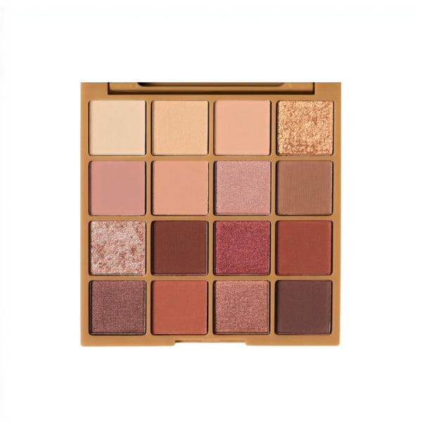 Warm nude eyeshadow palette with matte and shimmer shades in pink, rose, cocoa