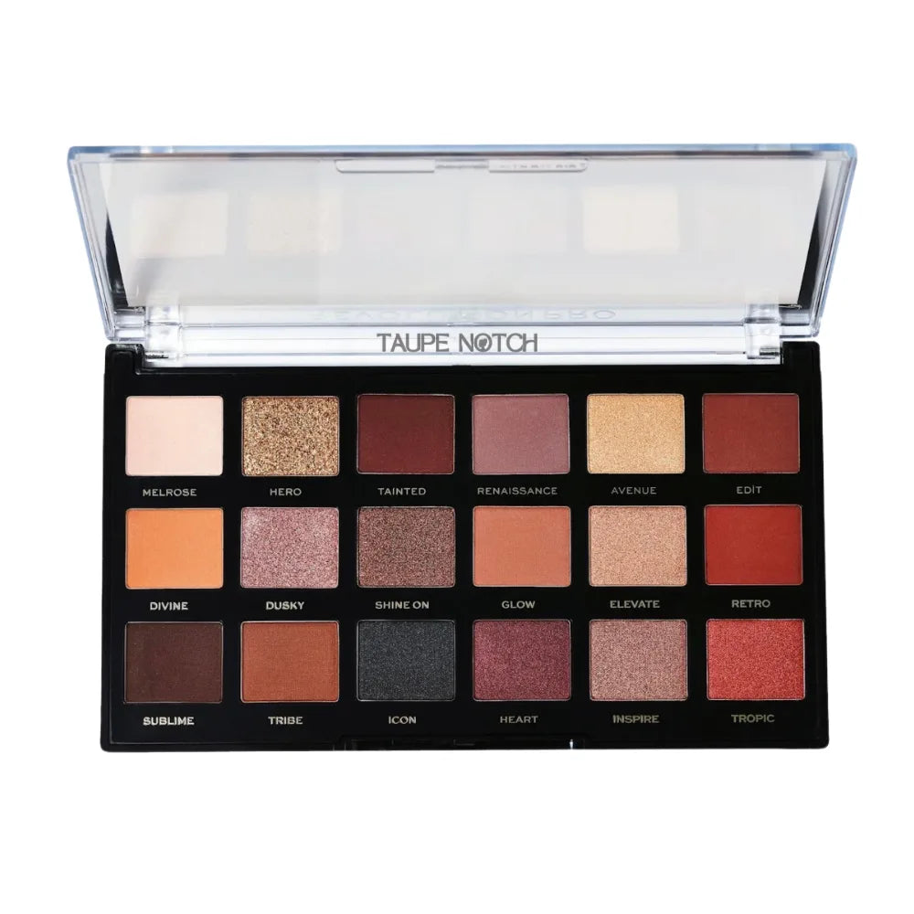 Open eyeshadow palette with multiple rose, taupe and neutral shades