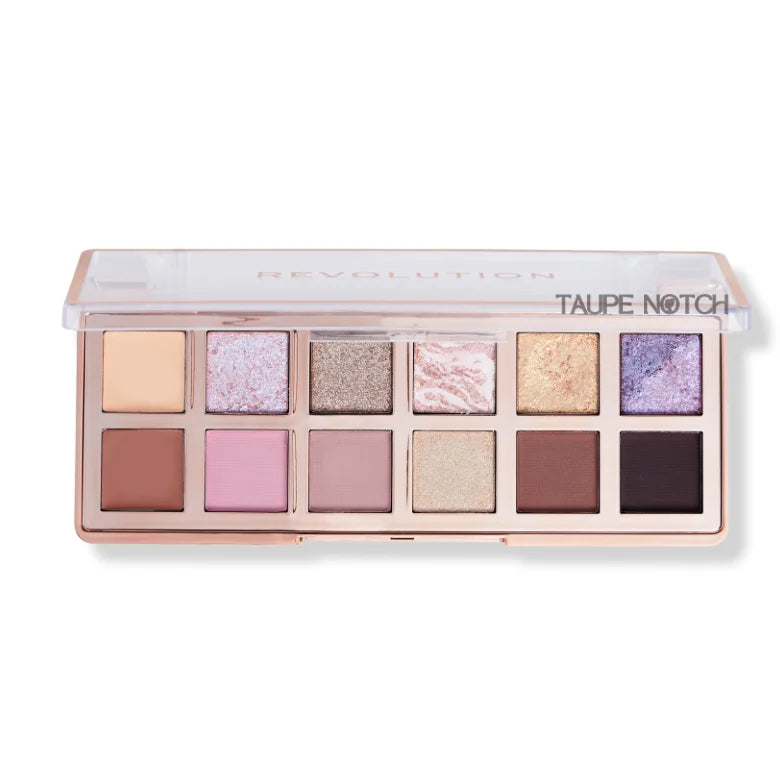 Revolution eyeshadow palette with 12 pans: beige, pink, mauve, silver, gold, purple.