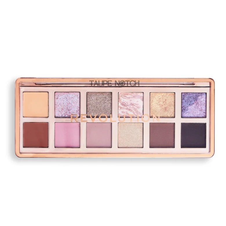 Revolution eyeshadow palette showing taupe notch pans in matte and shimmer shades.