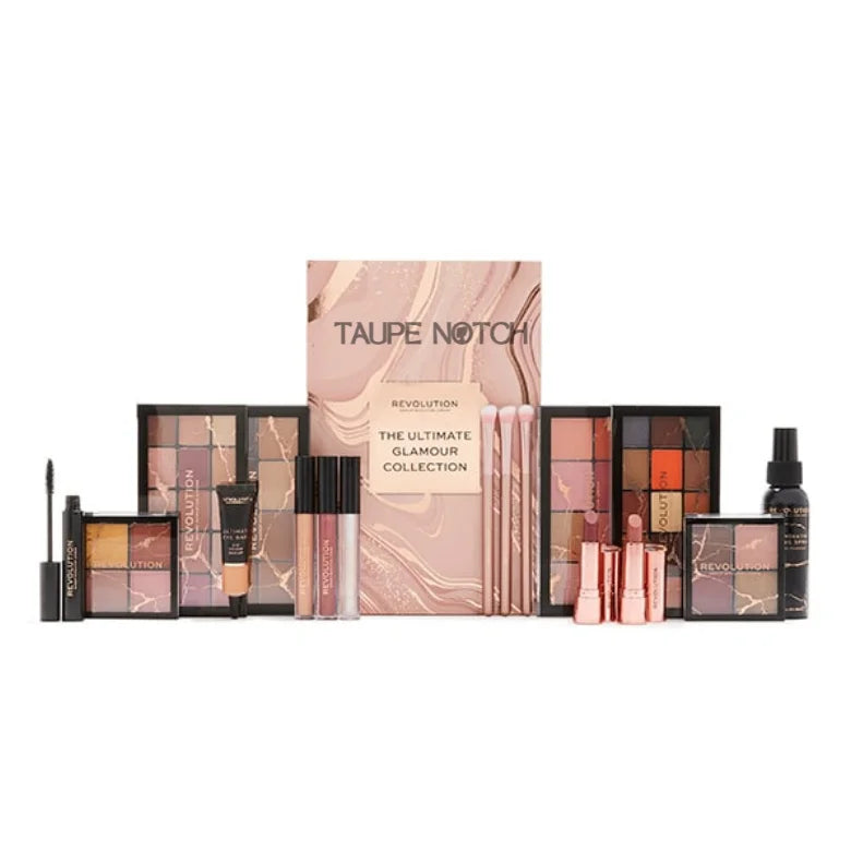 Makeup gift set with taupe eyeshadow palettes, lip glosses, and liquid bottles