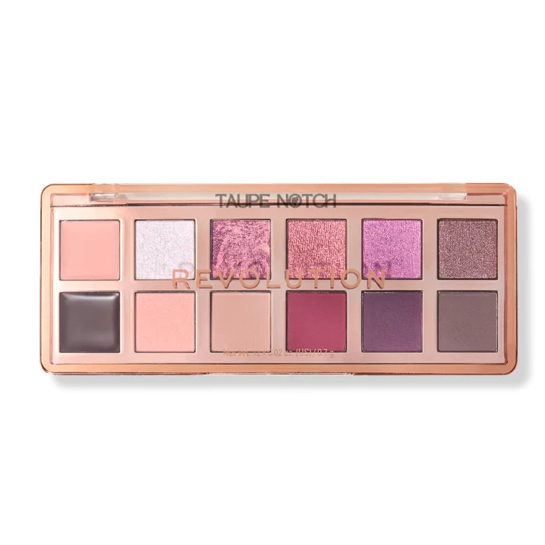 Eye shadow palette showing 12 shades: soft pink, purple, plum, and dark tones.