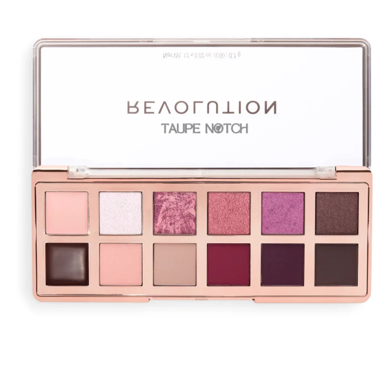 Eye shadow palette with 12 pans in pink, purple, beige, and dark brown shades.