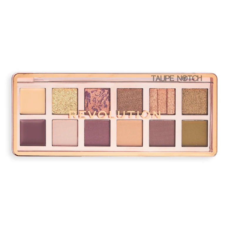 Eye shadow palette with rectangular pans, taupe and warm bronze shimmer shades