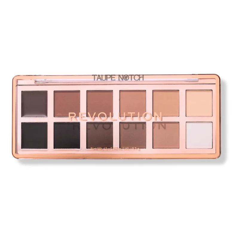 Eye shadow palette in taupe and neutral tones, featuring deep charcoal, cocoa, and light beige.