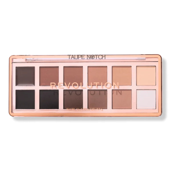 Eye shadow palette in taupe and neutral tones, featuring deep charcoal, cocoa, and light beige.