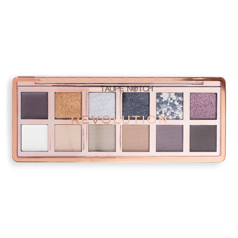 Eye shadow palette in clear lid case with taupe, mauve, and dark brown matte and shimmer shades