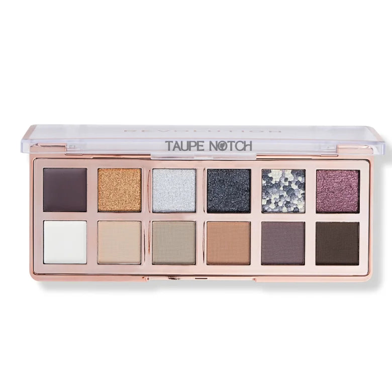 Eye shadow palette with taupe, gold, white, blue-gray, glitter and plum shades