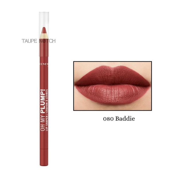 Rimmel Oh My Plump! Lip Shaper lip pencil, 080 Baddie, deep brown-red tube and beige tip