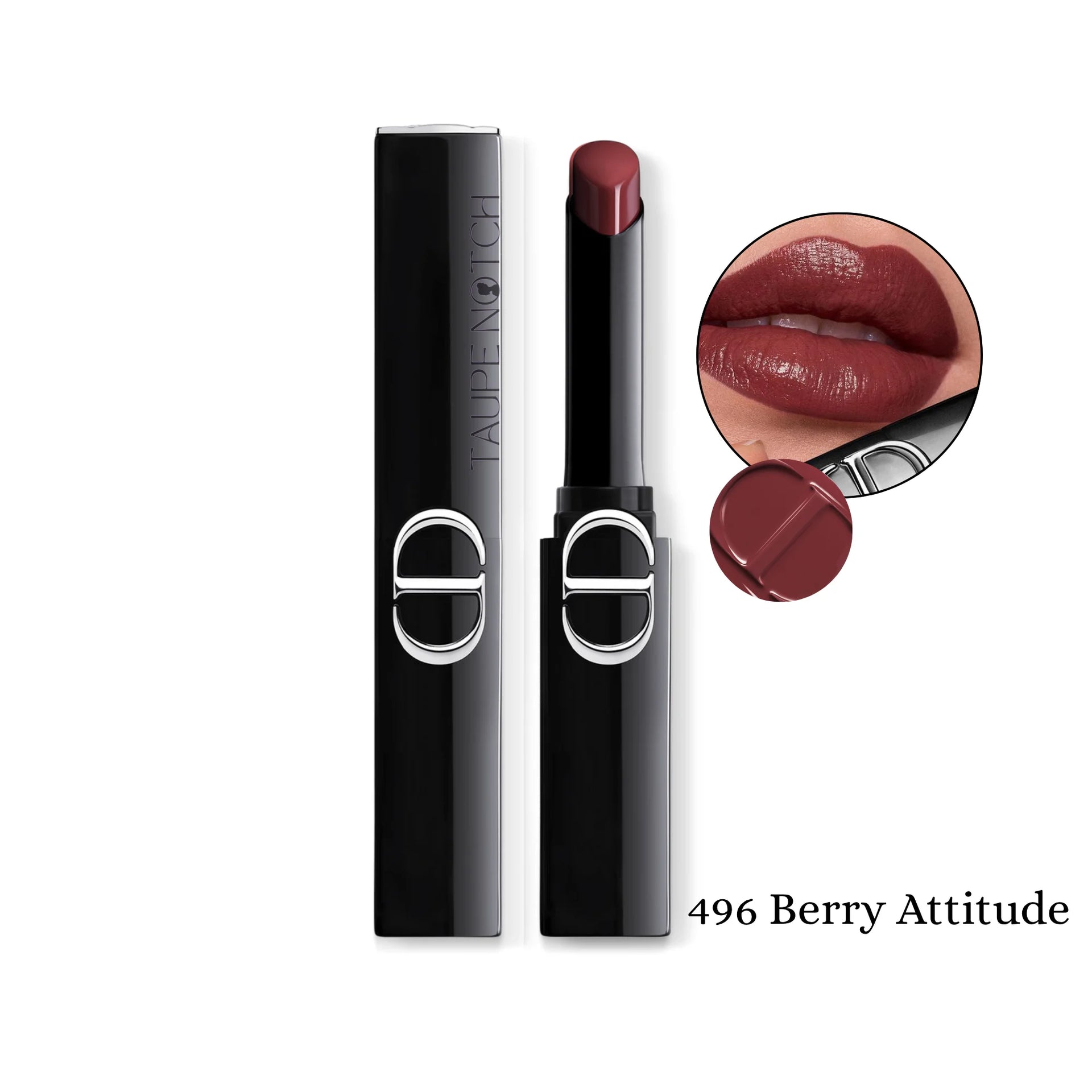 Coated shine lipstick, shade 496 Berry Attitude, deep berry bullet in black tube and lip swatch