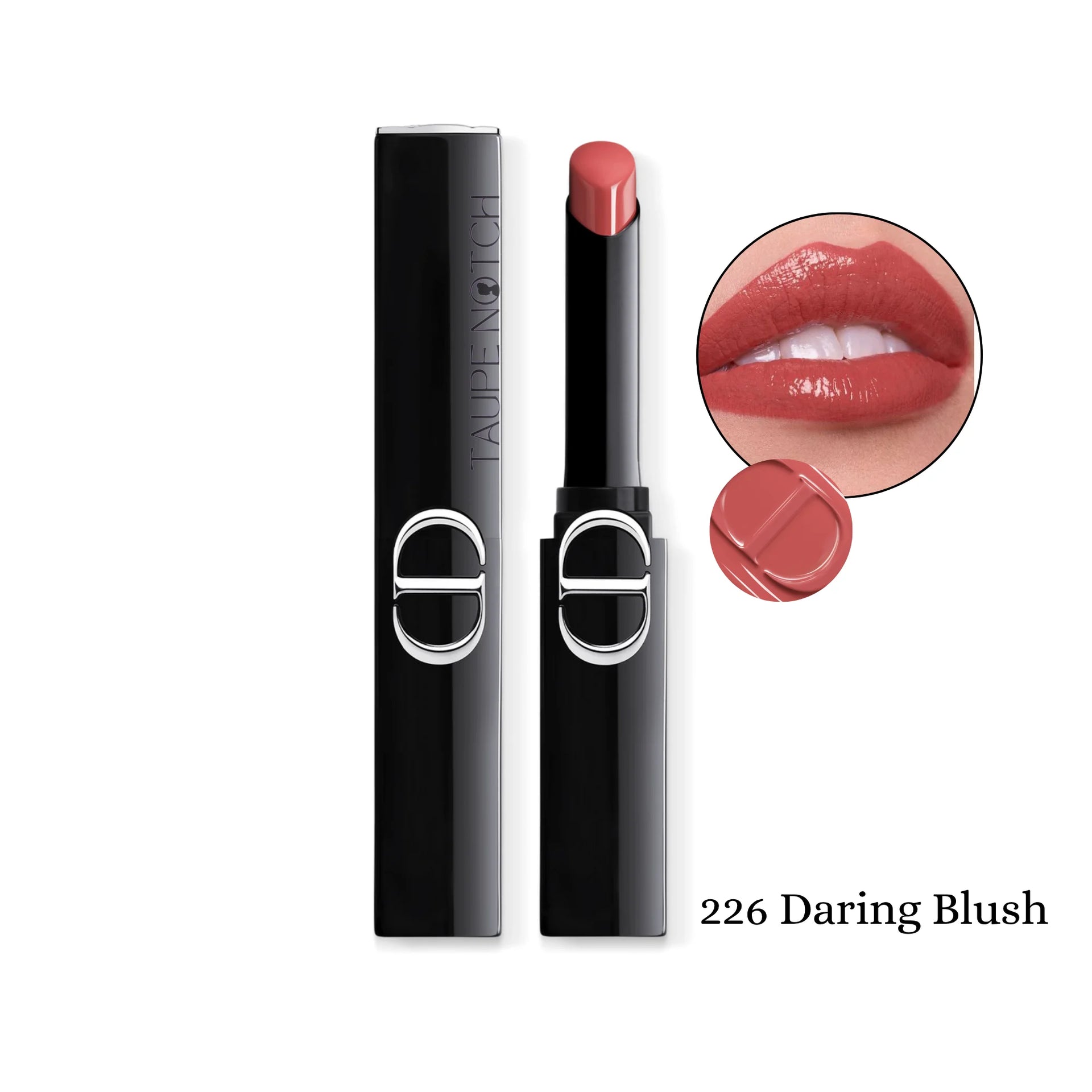 Coated shine lipstick, shade 226 Daring Blush, rosy-pink bullet in black tube and lip swatch