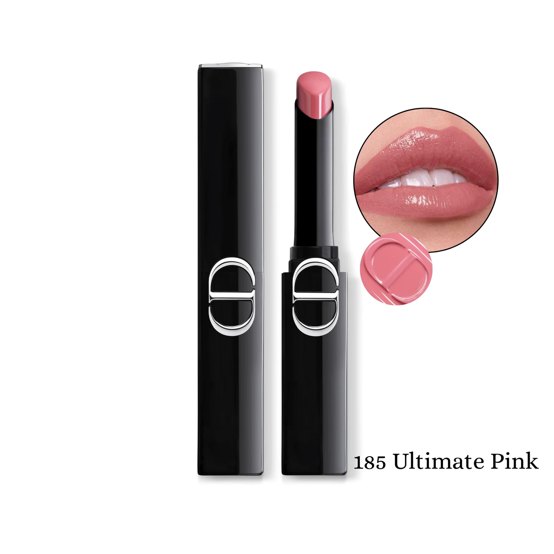 Coated shine lipstick, shade 185 Ultimate Pink, pink bullet in black tube and lip swatch