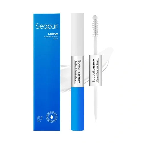 Seapuri Lashrum eyelash enhancing serum shown with its blue packaging box, applicator tube, and spoolie wand on a white background.