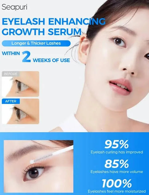 SEAPURI eyelash enhancing growth serum with applicator wand near model's eye
