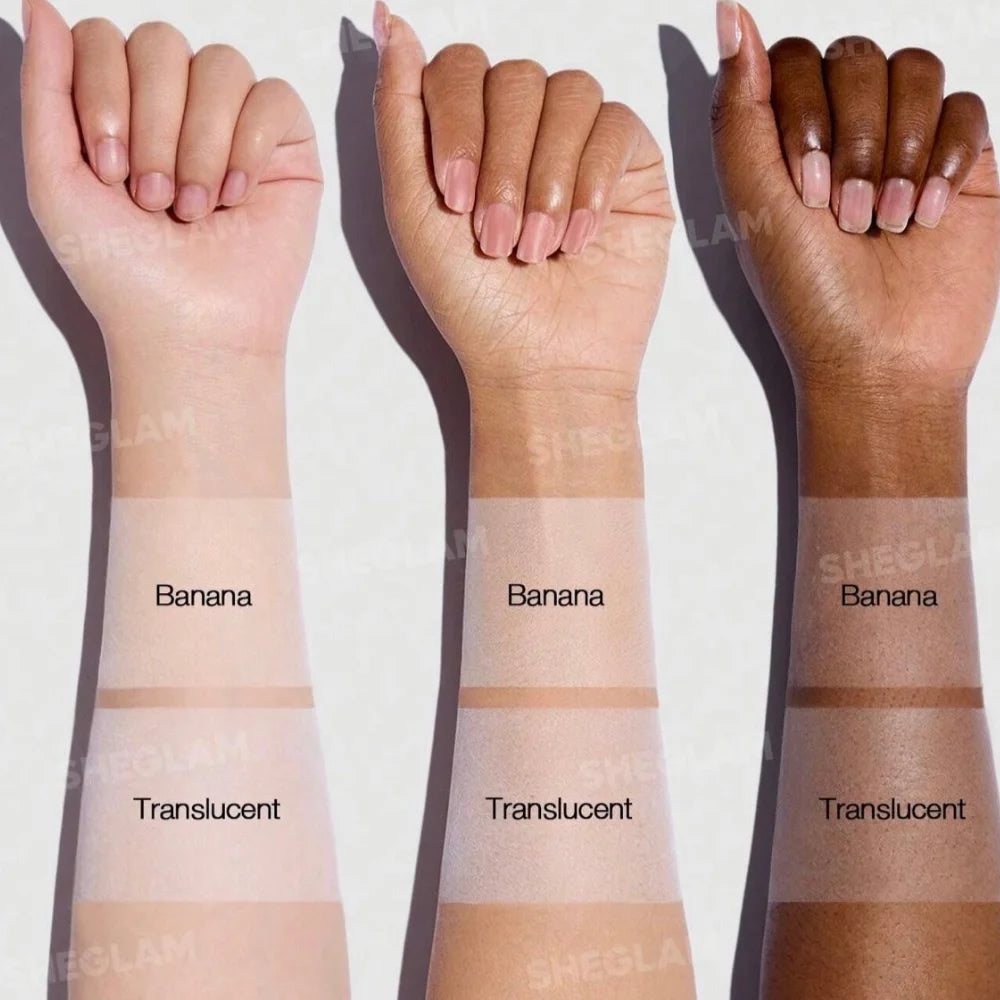 Loose setting powder swatches on forearms, translucent and banana tones